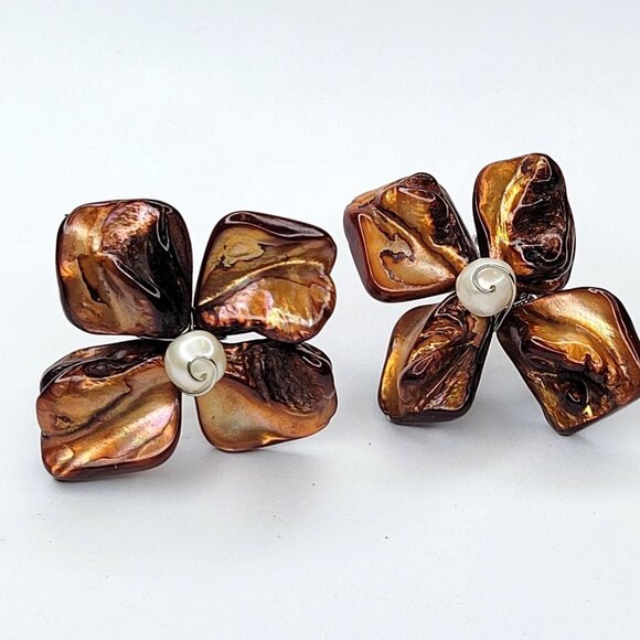 Dark Brown Sea Shell Freshwater Pearl Bead Asymmetric Flower Adjustable Ring - Picture 15 of 16